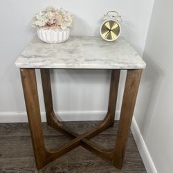 Wood & Marble Top Nightstand / Accent Table / End Table.  H-24” L-18” W-14” handcrafted in India 