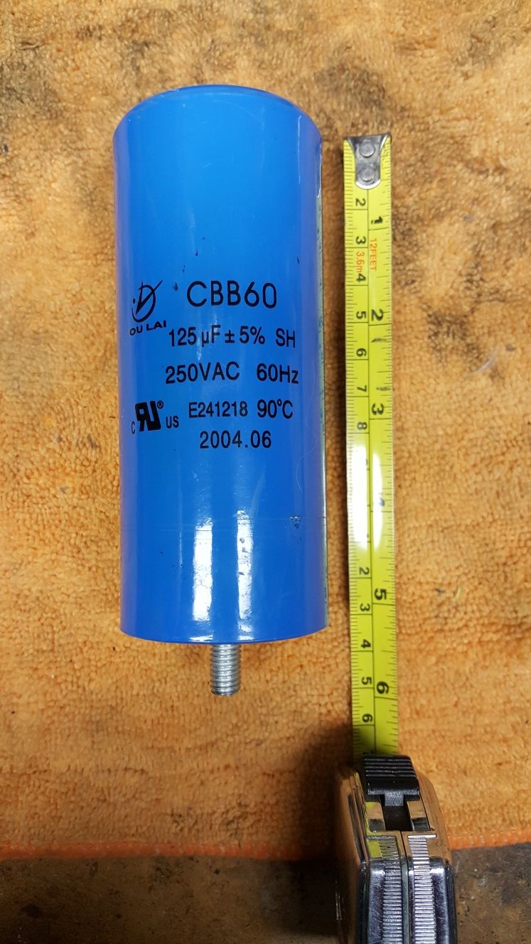 Capacitor from Harbor Frieght air compressor. CBB60 125UF +-5% SH 250VAC 60Hz 90oC .