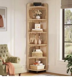 JW1230 71-Inch Corner Shelf, 6-Tier Tall Corner Bookshelf, Narrow Corner Bookcase with Square Rack, Natural