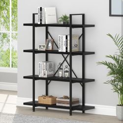 New  4 Tier Black Bookshelf, Industrial Metal Wood Storage Book Shelves, Modern Open 4 Shelf black