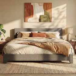 King Size Platform Upholstered Bed Frame with Adjustable Headboard, Wood Slats Support, No Box Spring Needed, Easy Assembly, Easy Clean Up