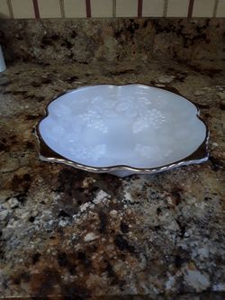 Vintage White Milk Glass Gold Etching 10"