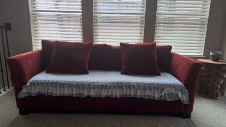 Custom Macy’s Red Velvet Sofa – Excellent Condition