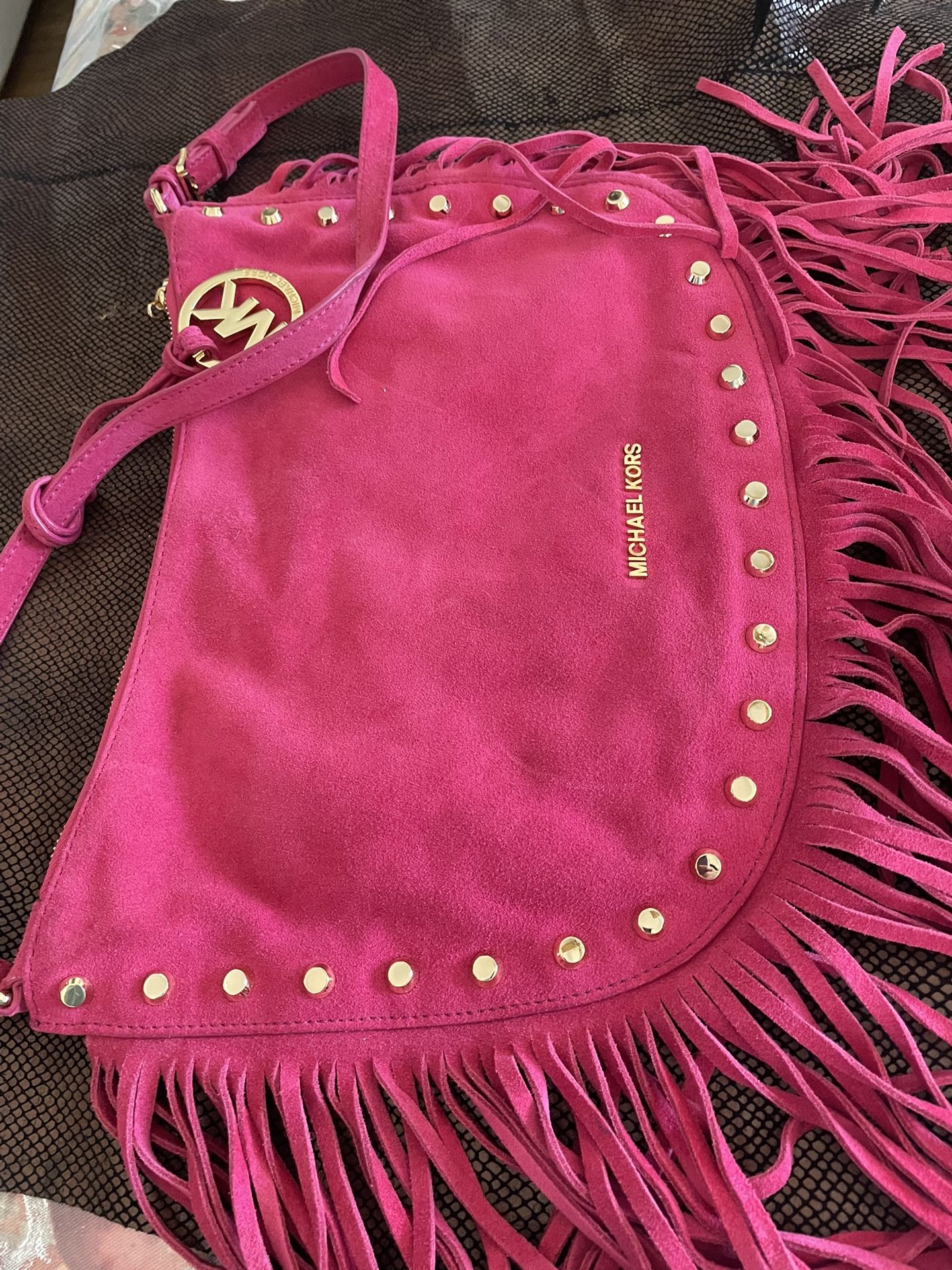 Michael Kors Pink Suede Billy Fringe Messenger Bag