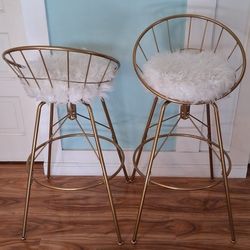Swivel Bar Stools With Removable White Faux Fur,metal, Counter Bar Chairs, Set Of 2