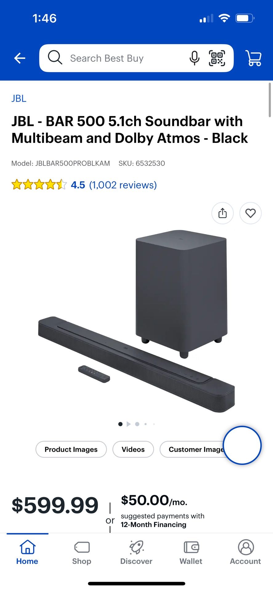 JBL BAR 500 5.1ch Soundbar with Multibeam and Dolby Atmos - Black