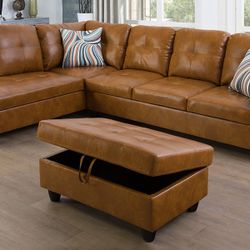New Ginger Leather Sectional And Ottoman 