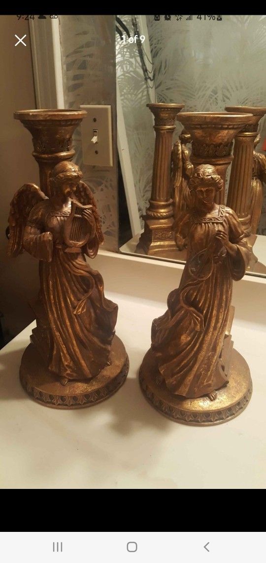 Set of 16" Gold Angel Pillar Candle Holder Statues