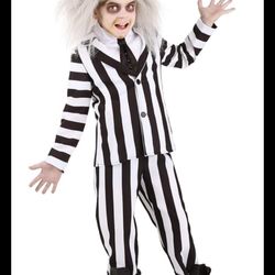 Kids Beetlejuice Costume Black White Striped Horror Suit Halloween 4+ Yrs Medium size, 3 pc set, jacket, Dickey with tie, pants, modern hero, medium c