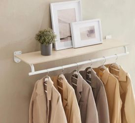 Clothes Rack with Top Shelf, Wall Mounted Clothing Rack, with Hanging Rod, Loads up to 77 lb, 11 x 42.9 x 5.2 Inches, Entryway, Bedroom, Closet, Natur