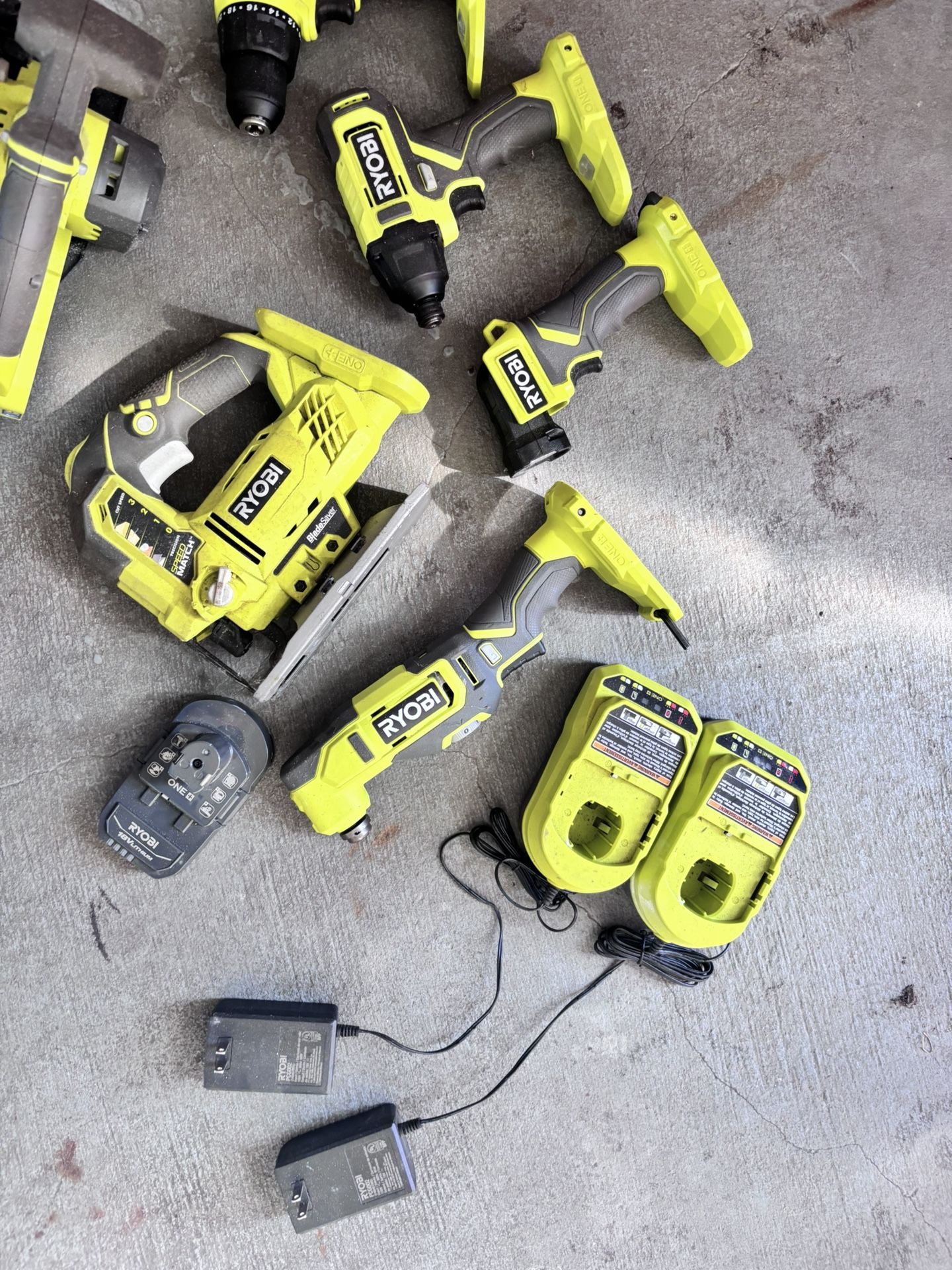 Ryobi Drill, Batteries, Multi Tool, Impact, Sawzall, Jig Saw, Circular Saw, Flashlight, Chargers, 