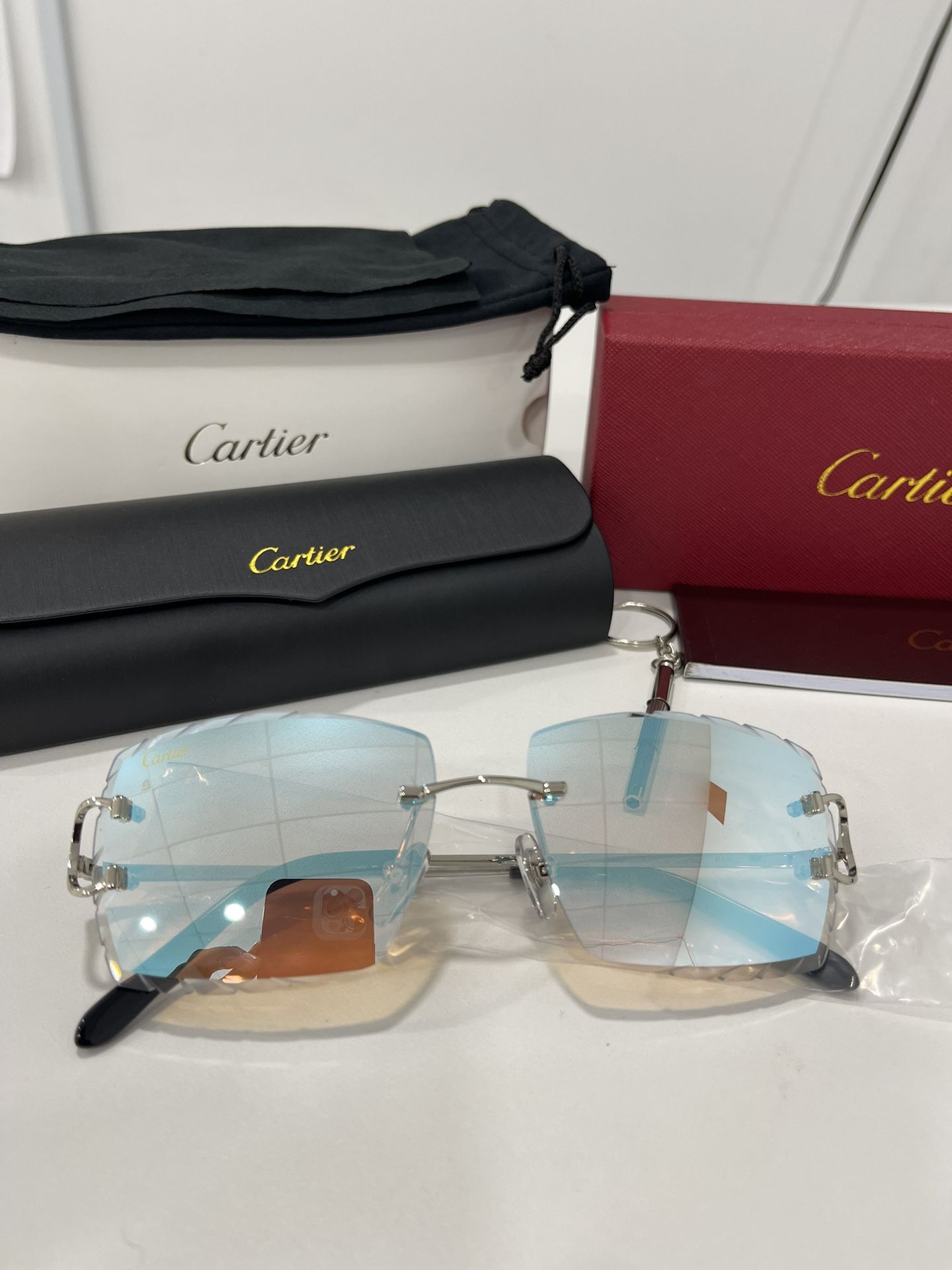 Cartier Glasses (Diamond Cut), Blue Mirror Lense, Silver Frame