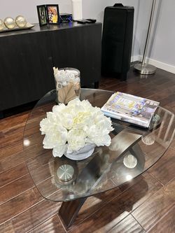 Glass Top Coffee Table with Wood Base