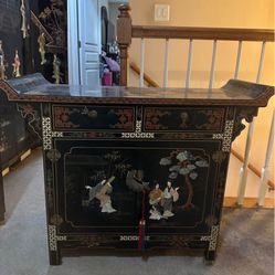 Hand-Painted Asian Lacquer Cabinet – Mother of Pearl Inlay