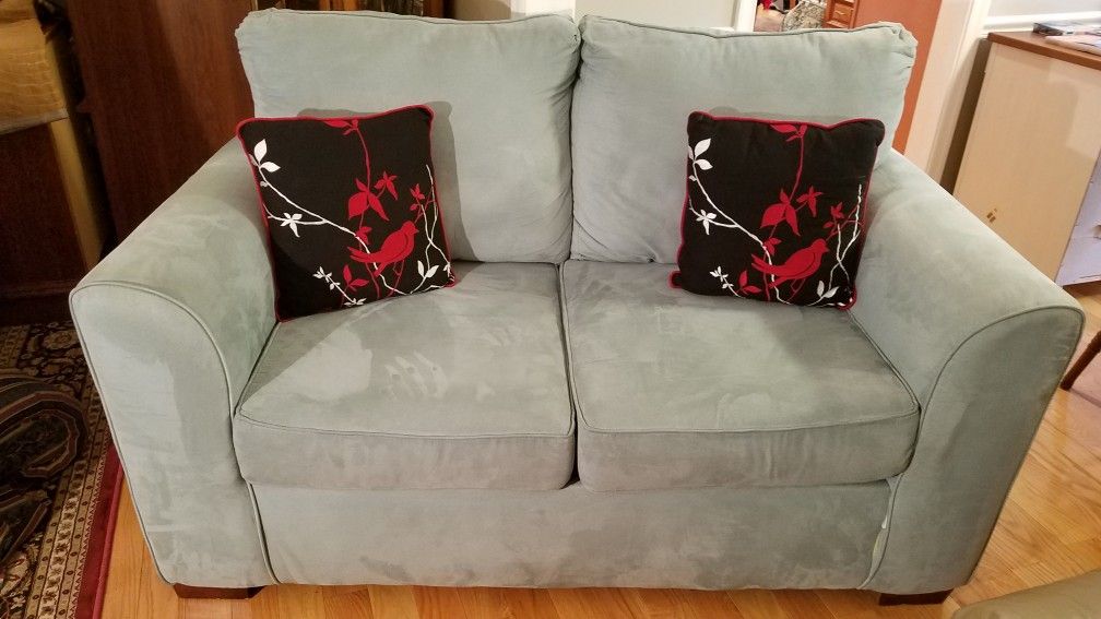 Microfiber aqua love seat with pillows. $75 obo