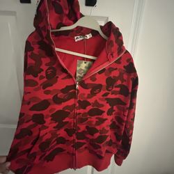 A Bathing Ape Bape Red Camo Full Zip Embroidered Shark Hoodie Sz XL