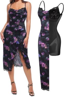 Floral Satin Midi Dress with Lace Trim