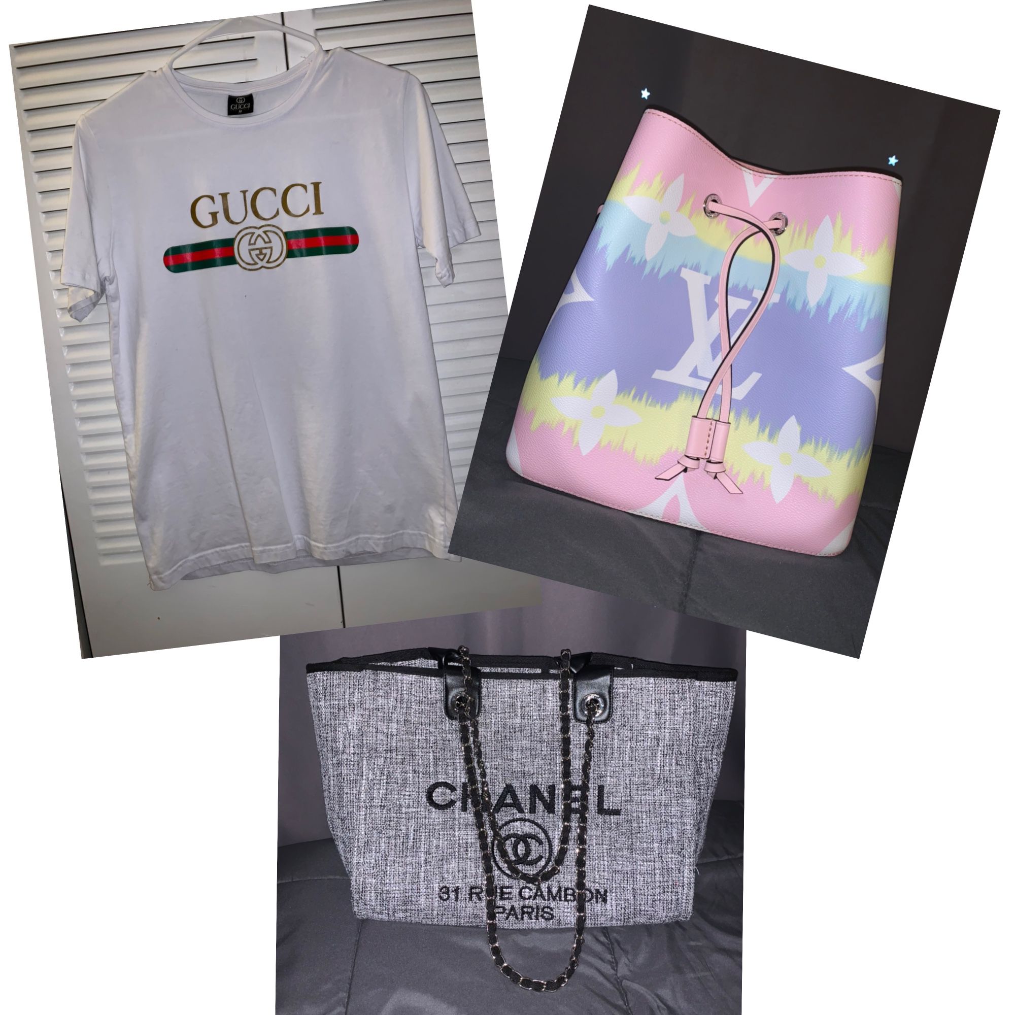 Gucci shirt, Louis Vuitton NeoNoe, Chanel Deauville Tote