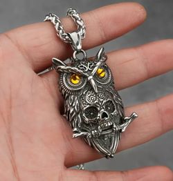 Unisex Owl Skull Pendant With Chain Necklace