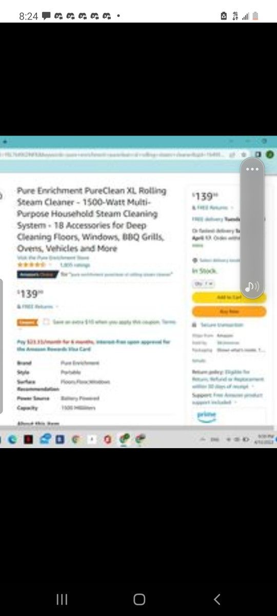 Pure Enrichment PureClean XL Rolling Steam Cleaner - 1500-Watt Multi-Purpose 
