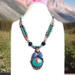 Vintage & Handcrafted Ethnic Tibetan Tribal Pendant Necklace With Stones & Silver 19”inch & 87grams