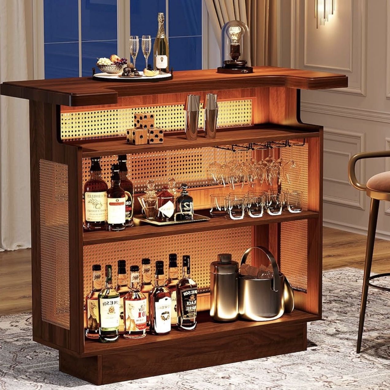 Rattan Home Bar Unit, Farmhouse 4-Tier Bar Table with 4 Stemware Racks and Heightened Base, Liquor Wine Bar Cabinet Mini Bar Table for Home Pub, Caram