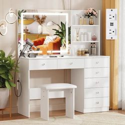 47 LED-Illuminated Makeup Vanity Desk with 7 Drawers, 3 Shelves, Outlet, and Adjustable Lighting for Bedroom (White)
