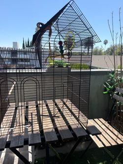 Gable Roof Metal Bird Cage with Perches & Hanging Toy