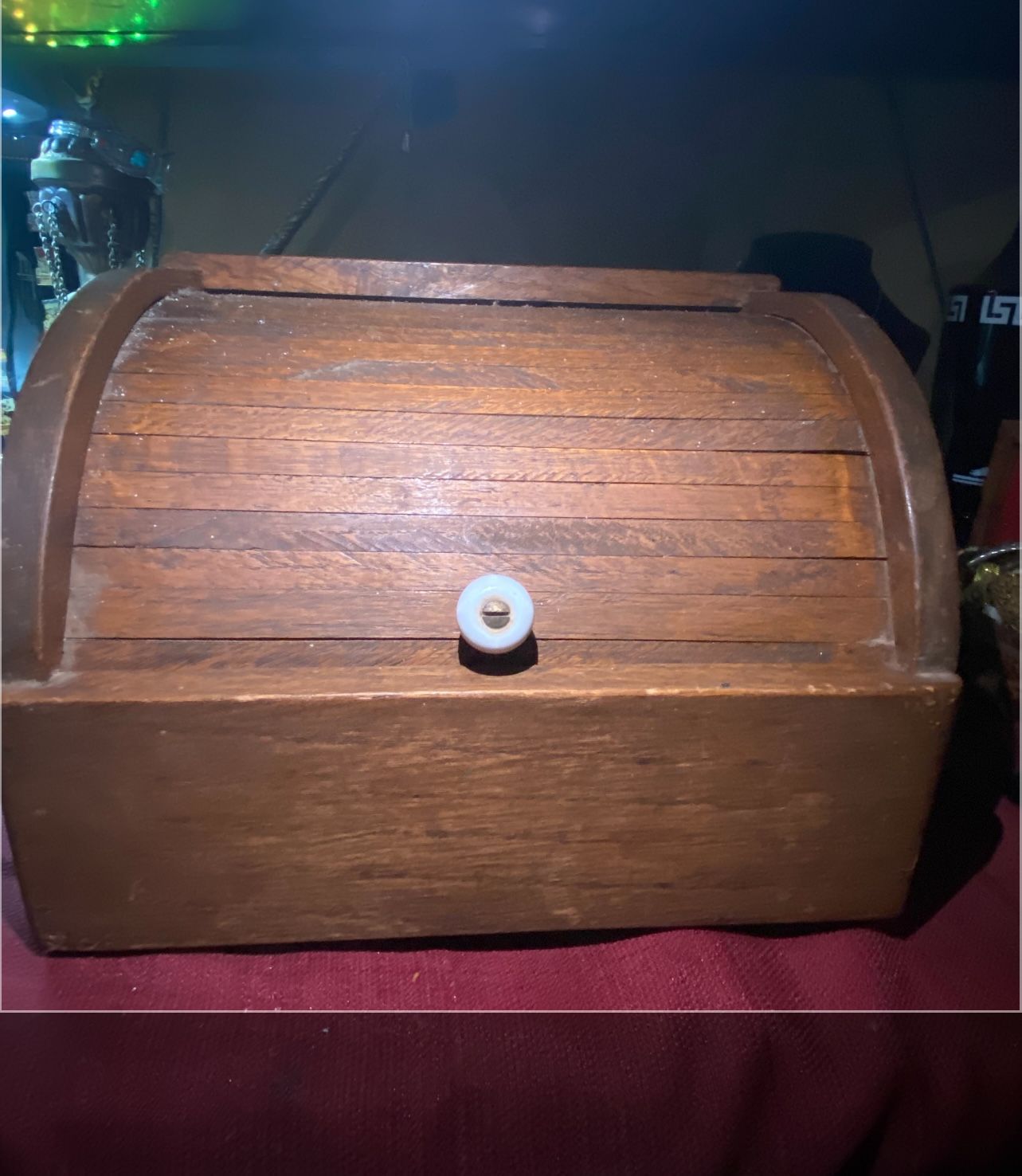 Vintage Wooden Roll Top Bread Box Rustic Primitive Farmhouse with porcelain knob