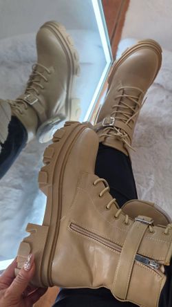 Beige Lace-Up Combat Boots with Pocket