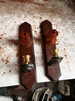 Vintage Amber Glass and Faux Wood Wall Sconces - Pair