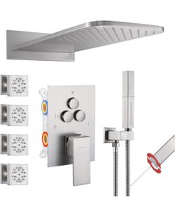 Wall Mount 22 * 10 Inch Shower Head with 4 PCS Body Jets Shower Faucet Set Brushed Nickel Shower System (Rough-in Valve Body and Trim)