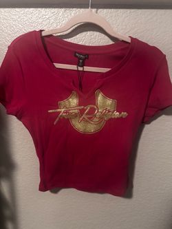 NWT True Religion Red Crop Top with Gold Logo