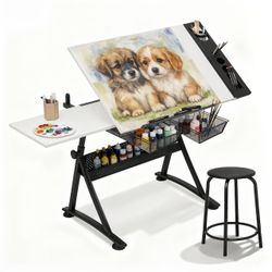 Magshion Drafting Table for Adults w/Stool, White  Art Craft Desk w/ 0-65° Tilting Glass Tabletop, Height Adjustable, Painting Sketching Work Station