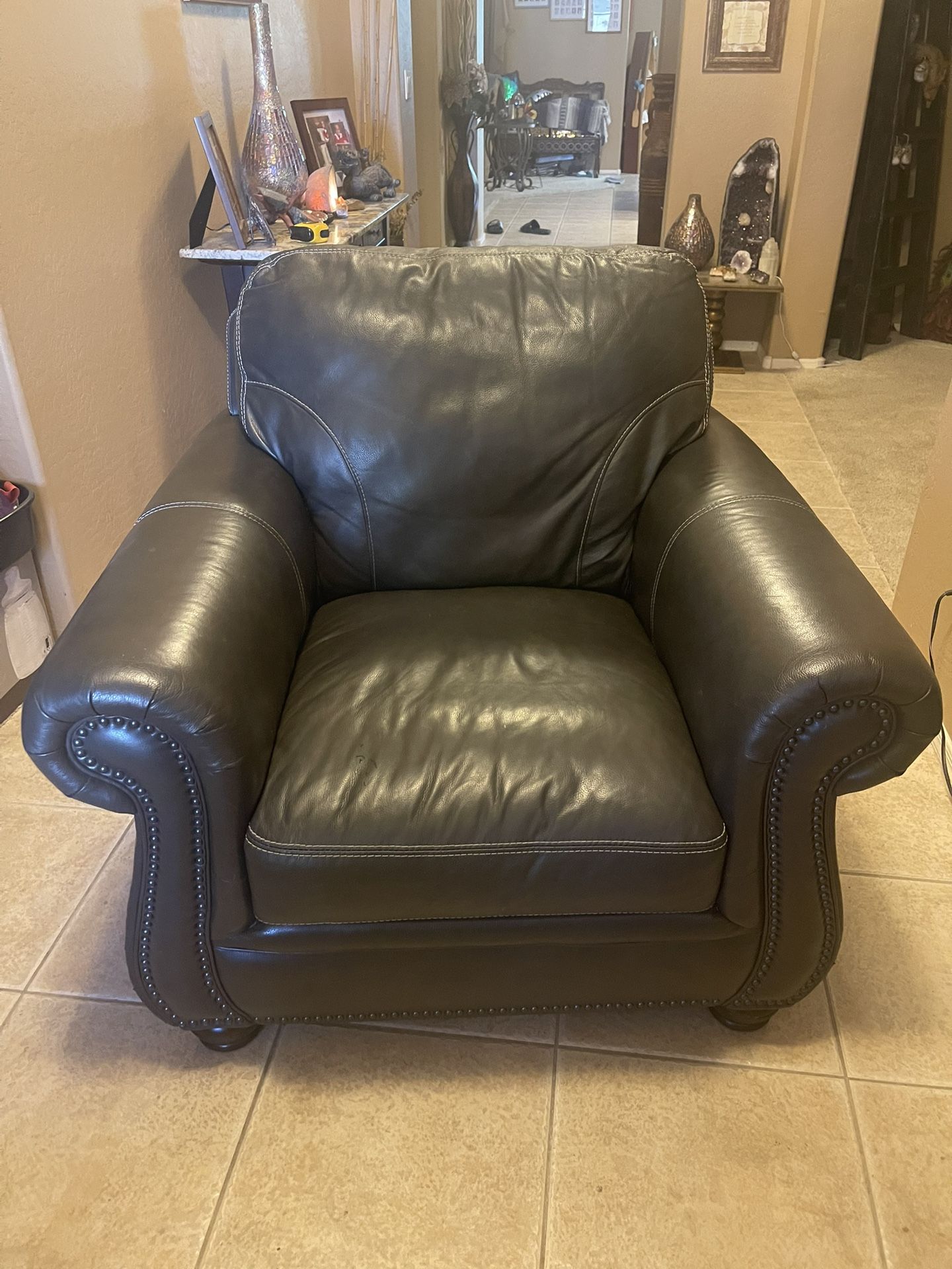 Oversized Studded Faux Leather Club Chair – Charcoal Gray, Gently Used