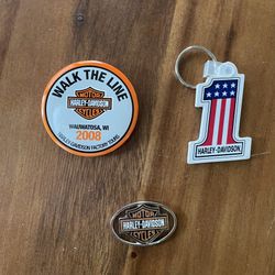 A Harley Davidson Key Ring/Keychain - Rubber,  A Pin Back Harley Button, AND Necklace/Choker Charm 