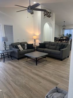 (3) tables $150. Refinished gray and black living room set.