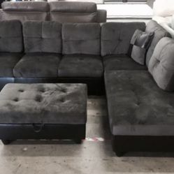Dark Microfiber Sectional Couch and Ottoman