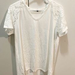 Womens Casual Lace Sleeve Side Split Tunic Blouse Size Large White V-Neck T-Shirt