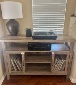 Gray Wood TV Stand with Glass Door Cabinets