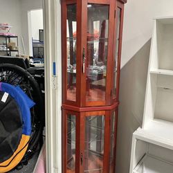 Assembled New Lighted 3-Side Glass Display Curio Corner Cabinet w/Tempered Glass Doors and Shelves