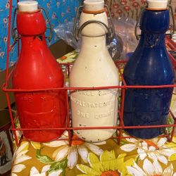 Antique glass 1 quart milk jugs three each with carrier