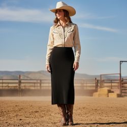 DOUBLE D RANCH Yoakum Texas, Black Straight Maxi Skirt Knit Linen Blend Size S. 