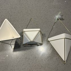 Set of 3 Modern Geometric Wall & Tabletop Planters – White Ceramic with Gold Metal Frames
