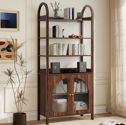 71” Arched Walnut Bookshelf Cabinet w/ Doors | Modern Bookcase Storage