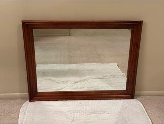 Large Antique Made in USA Wall Mirror In Thick Solid Wood Medium Brown Cherry Frame