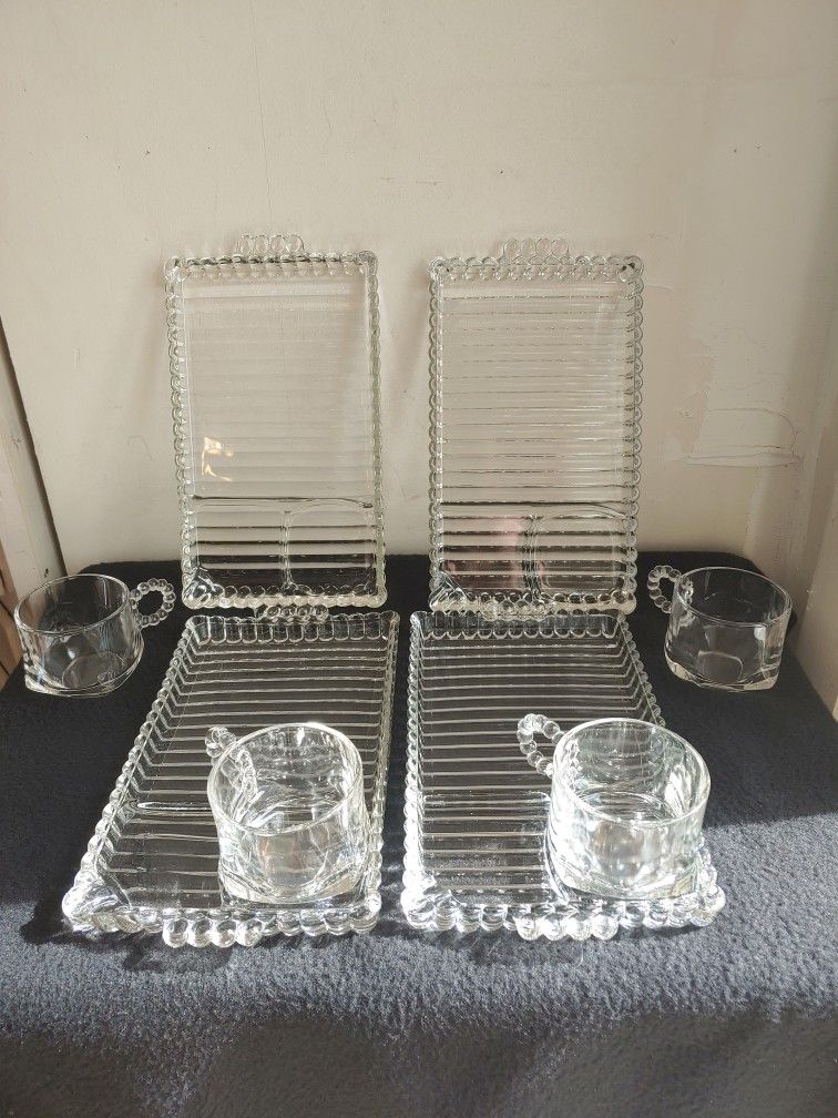 4 MCM Luncheon Plate Sets Hazel Atlas Snack Tray Ribbed Bubble Retro Tea Serveware Cup