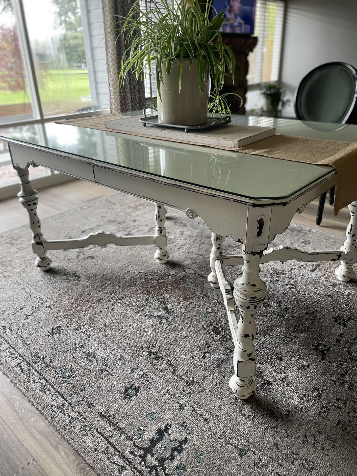 Shaby Chic farmhouse dining table With Glass Top
