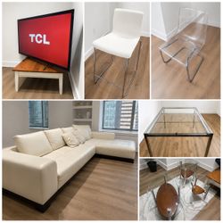 MOVING SALE MODERN FURNITURE DINING TABLE/ DESK CHAIRS COFEE TABLE COUCH TV