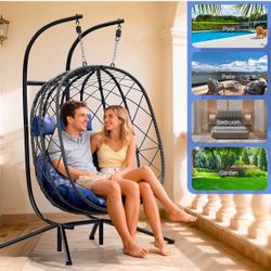 New Double Egg Swing Chair with Stand - 2 Person Outdoor Patio Hanging Wicker Hammock Chair with Cushion, Dark Grey, for Garden, Lawn, Bedroom, Indoor